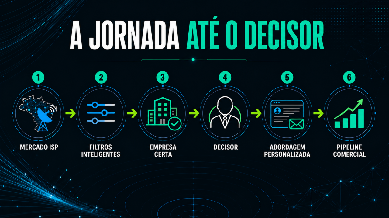 Infografico com as etapas para encontrar empresas ISP, decisores e construir um pipeline comercial