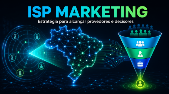 ISP Marketing Infográfico de ISP marketing com radar, mapa do Brasil, provedores de internet e funil até os decisores