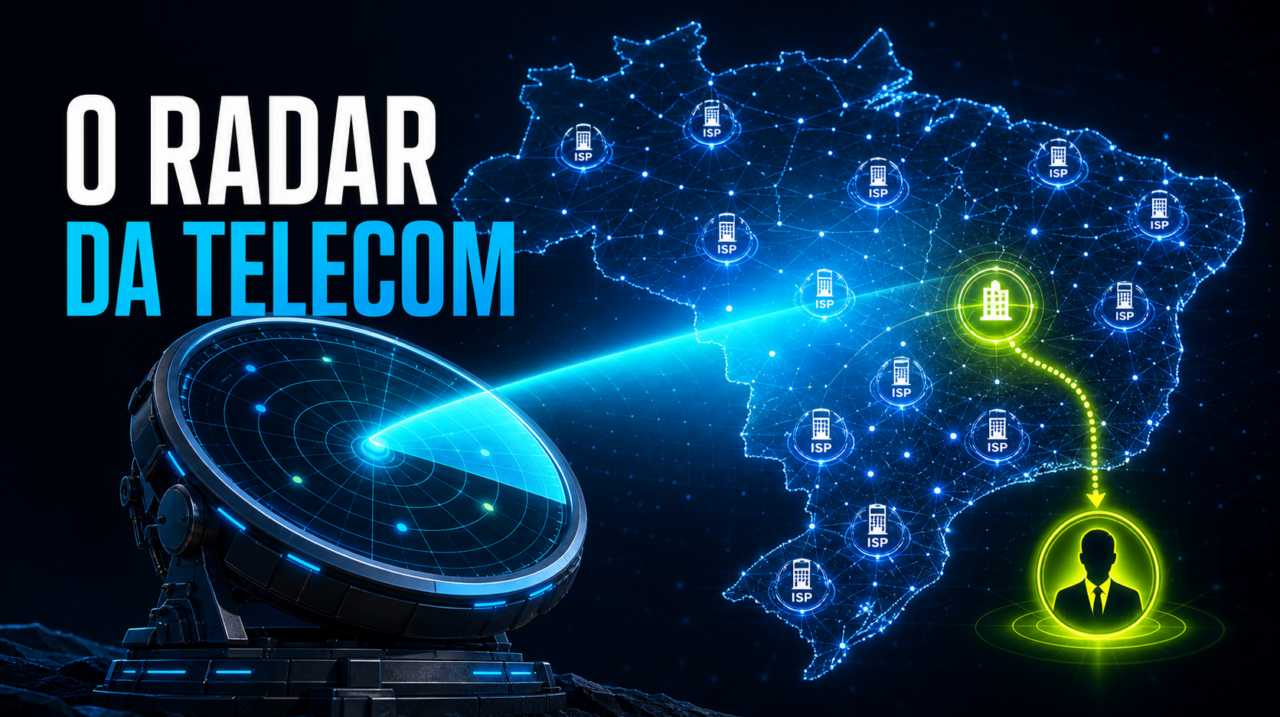 Radar tecnológico varrendo o mapa do Brasil e identificando provedores de internet e decisores comerciais
